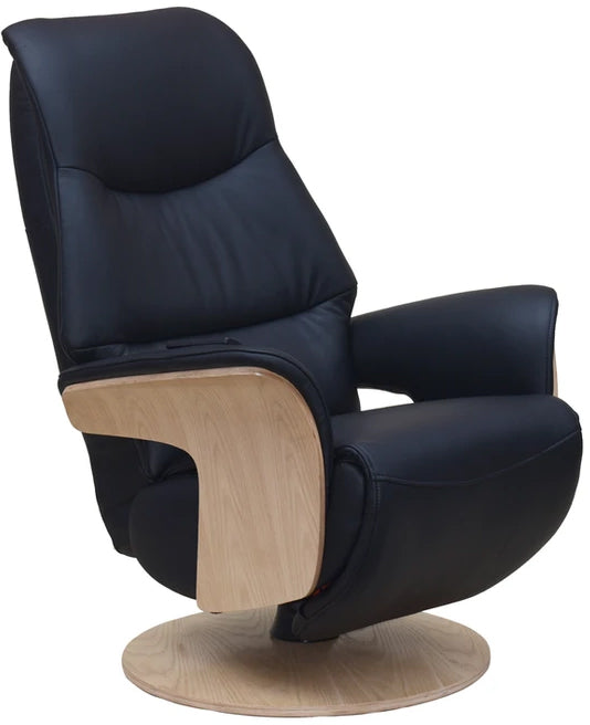 Global Furniture Alliance Iowa Swivel Chair in Black Leather and light wood, with a cordless magnetic handset for easy reclining