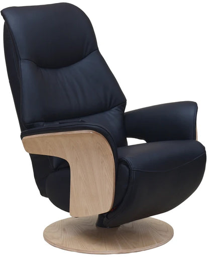 Global Furniture Alliance Iowa Swivel Chair in Black Leather and light wood, with a cordless magnetic handset for easy reclining