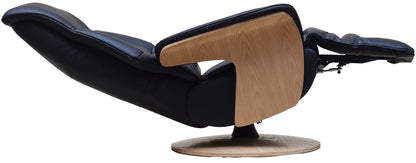 Global Furniture Alliance Iowa Swivel and Reclinable Chair in Black Leather with light wood arms and base