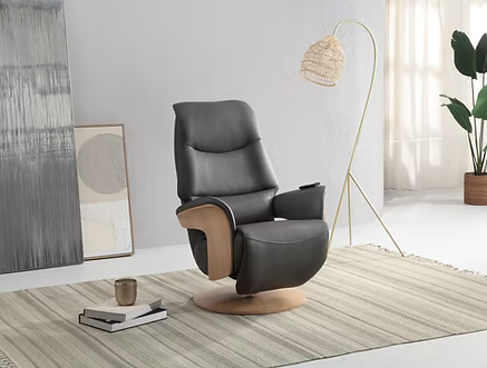 Global Furniture Alliance Iowa Swivel Chair in Black leather with an integrated footstool and fully recline function