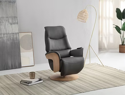 Global Furniture Alliance Iowa Swivel Chair in Black leather with an integrated footstool and fully recline function