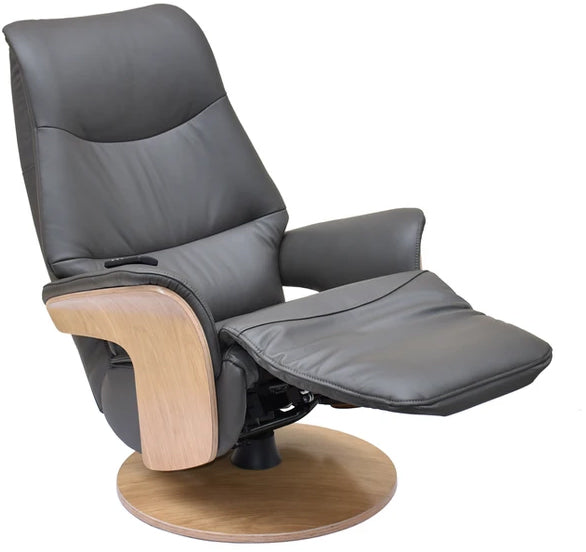 Global Furniture Alliance Iowa Swivel Recliner Chair in Charcoal leather, features an integrated footrest and a cordless handset for easy reclining