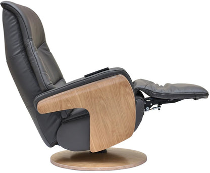 Global Furniture Alliance Iowa Swivel and recliner Chair in Charcoal grey leather and light wood base, with an integrated footrest