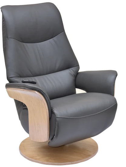 Global Furniture Alliance Iowa Swivel Chair in Charcoal Leather with light wood arms and base, and a cordless magnetic handset for easy reclining