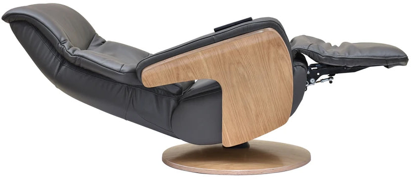 Global Furniture Alliance Iowa Swivel and Reclinable Chair in Charcoal leather upholstery with light wood arms and base