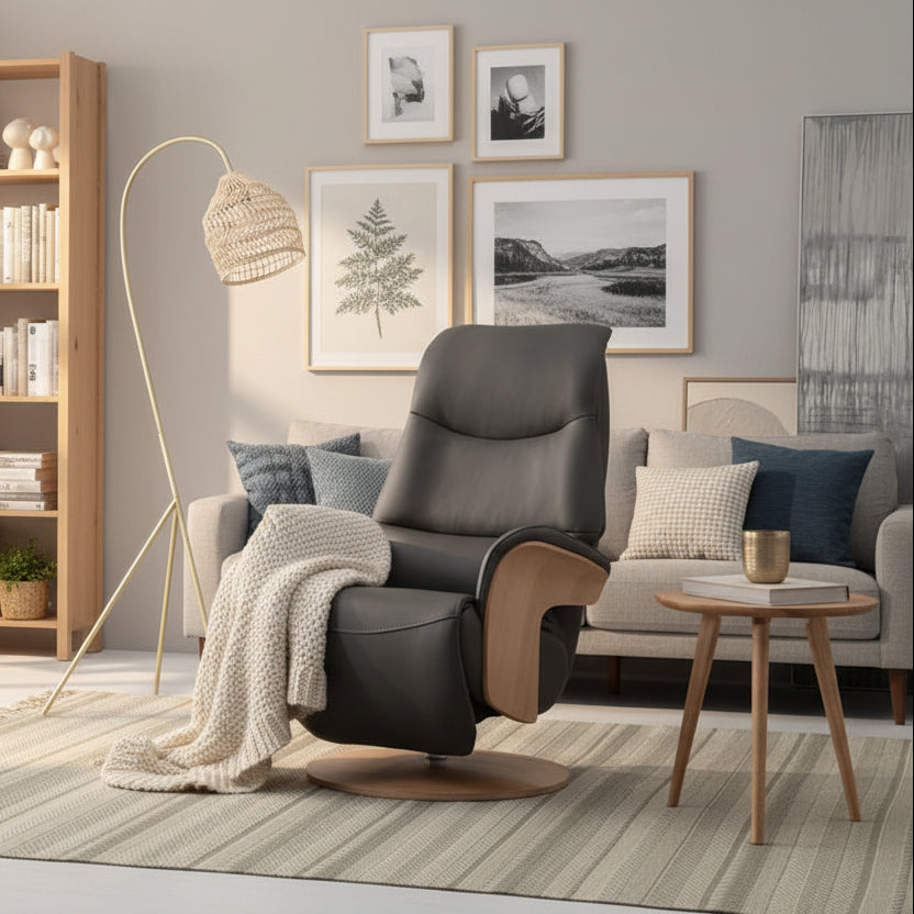 Global Furniture Alliance Iowa Swivel Chair in Charcoal Leather and light wood, with an integrated footrest and adjustable headrest