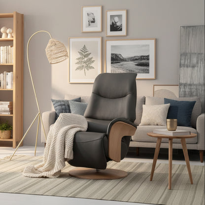 Global Furniture Alliance Iowa Swivel Chair in Charcoal Leather and light wood, with an integrated footrest and adjustable headrest