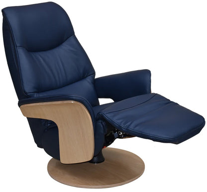 Global Furniture Alliance Iowa Swivel Chair in Navy leather with light wood arms and base, and an integrated footrest 