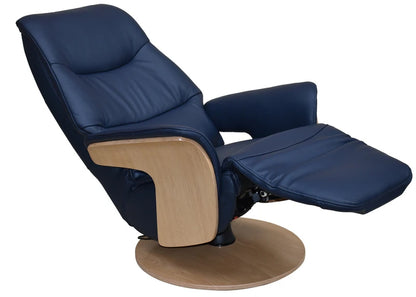 Global Furniture Alliance Iowa Swivel and Recliner Chair in Navy Leather, features an integrated footrest and adjustable headrest, with a cordless magnetic handset