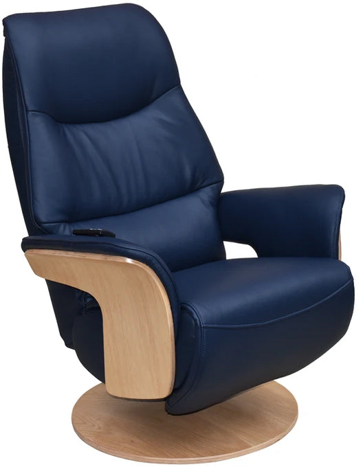 Global Furniture Alliance Iowa Swivel Chair in Navy leather and light wood, features a cordless magnetic handset for easy reclining
