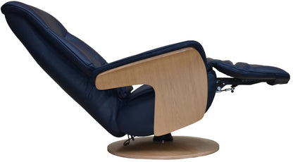 Global Furniture Alliance Iowa Swivel and Recliner Chair in Navy leather with light wood arms and base, and an integrated footrest