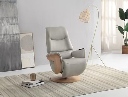 Global Furniture Alliance Iowa Swivel Chair in Pale Grey leather with a light wood arm and base and integrated footrest