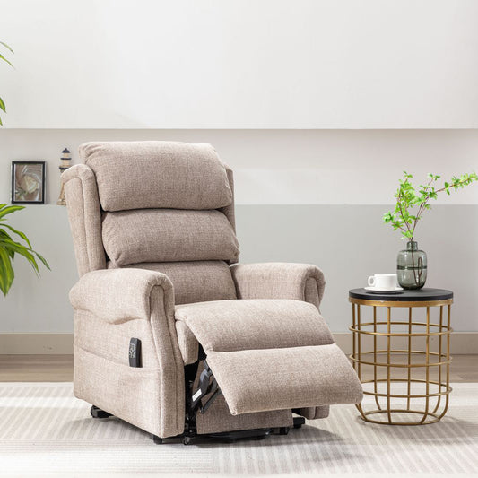 Global Furniture Alliance Luxembourg Riser Recliner Chair in Cha Cha Oat Fabric with adjustable backrest and footrest 