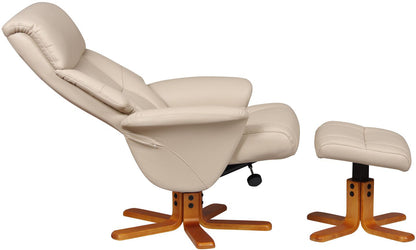 Global Furniture Alliance Marseille Chair  and matching footstool in Cafe Latte faux leather, features a 360 degree swivel function and a recline option
