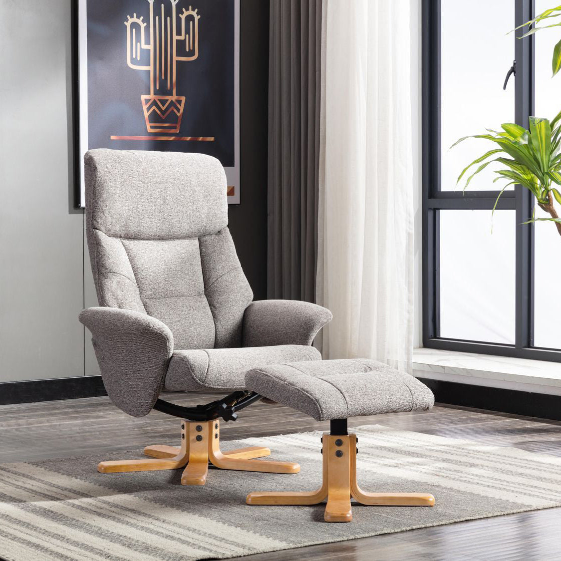 Global Furniture Alliance Marseille Swivel Recliner Chair and matching footstool in Fossil Grey Fabric with a light wood base