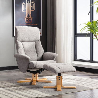 Global Furniture Alliance Marseille Swivel Recliner Chair and matching footstool in Fossil Grey Fabric with a light wood base