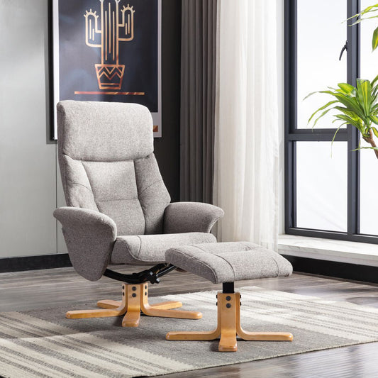 Global Furniture Alliance Marseille Swivel Recliner Chair and matching footstool in Fossil Grey Fabric with a light wood base