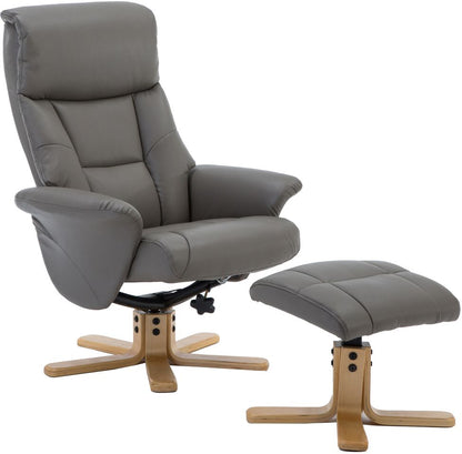 Global Furniture Alliance Marseille Chair in Grey faux leather, features 360 degree swivel function and recliner option, with a matching footstool