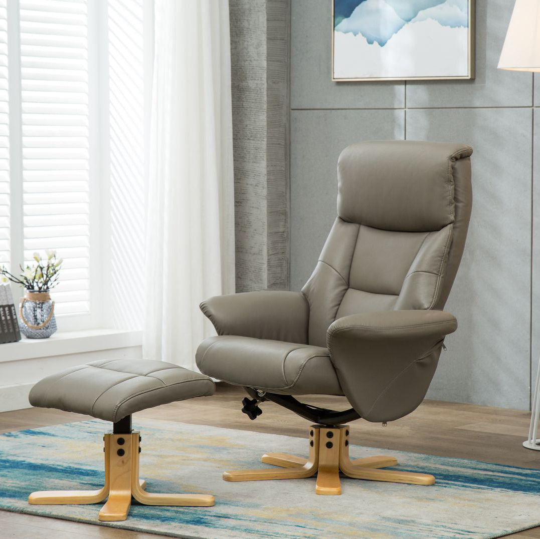 Global Furniture Alliance Marseille 360 degree swivel and recliner chair and footstool in grey faux leather with a light wood base