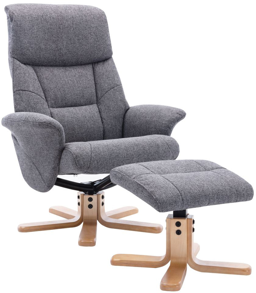 Global Furniture Alliance Marseille swivel recliner chair with matching footstool in slate grey fabric and light colour wooden base