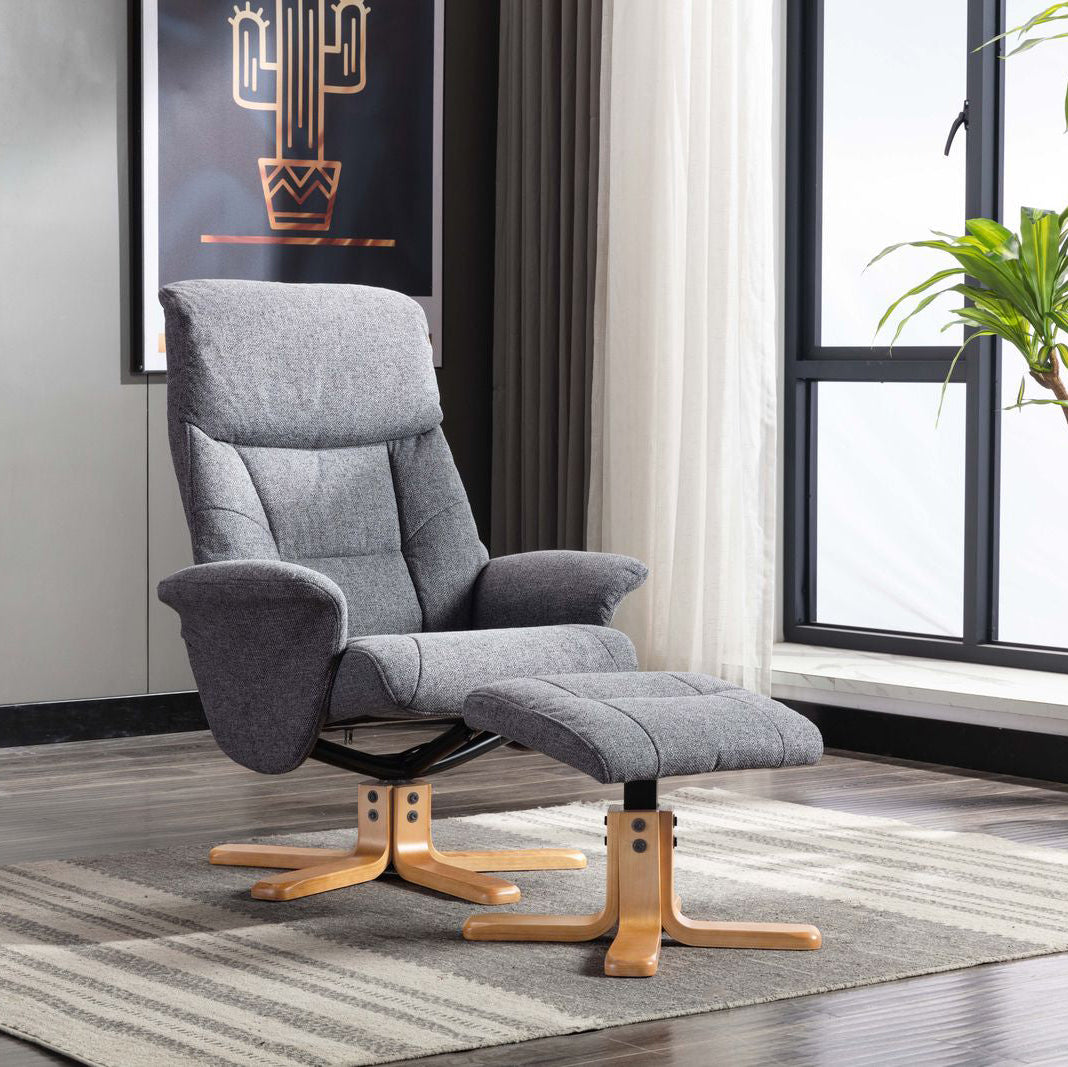 Global Furniture Alliance Marseille 360 degree swivel chair and matching footstool in Slate grey fabric with wooden base, and recliner functionality