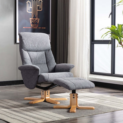 Global Furniture Alliance Marseille 360 degree swivel chair and matching footstool in Slate grey fabric with wooden base, and recliner functionality