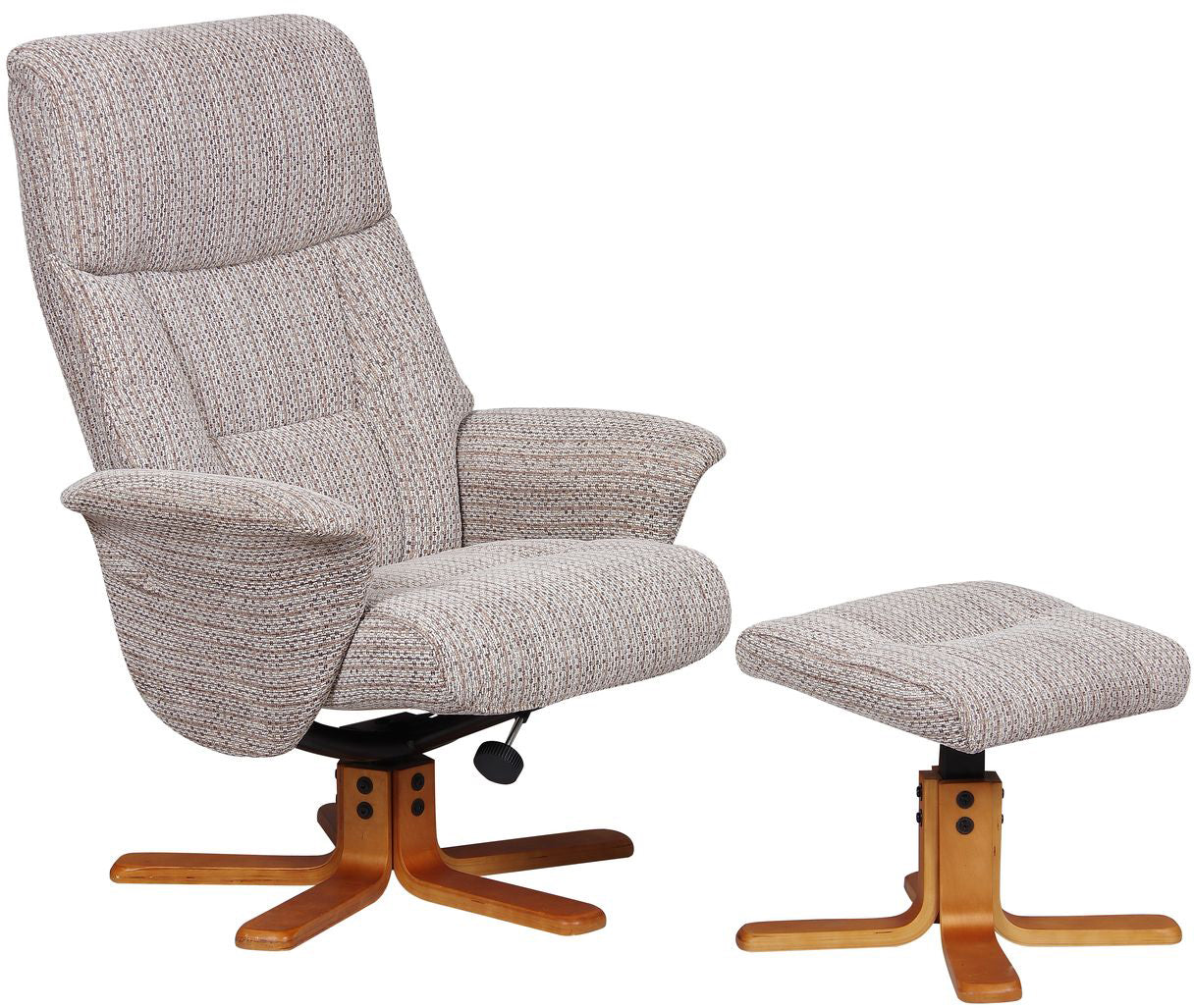 Global Furniture Alliance Marseille swivel Chair and footstool in Wheat colour Fabric and a honey wood base