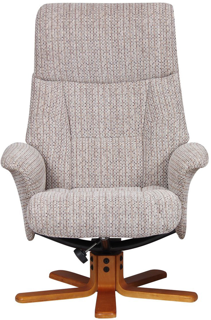 Global Furniture Alliance Marseille Chair in Wheat Fabric with 360 degree swivel recliner and a honey wood base