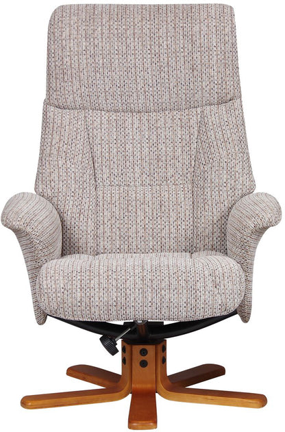 Global Furniture Alliance Marseille Chair in Wheat Fabric with 360 degree swivel recliner and a honey wood base