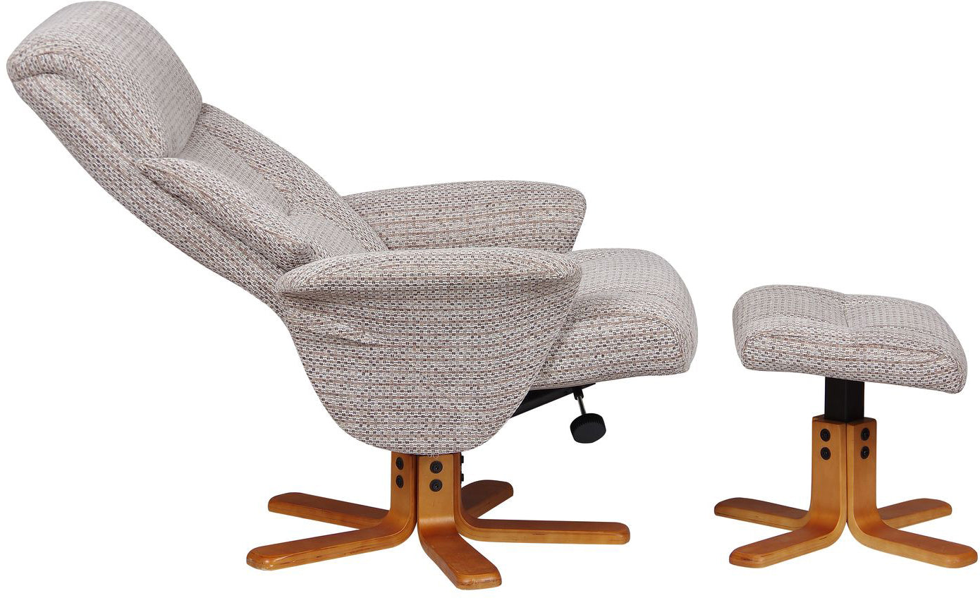 Global Furniture Alliance Marseille swivel recliner chair and footstool in wheat fabric with honey coloured wood base