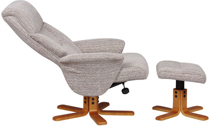 Global Furniture Alliance Marseille swivel recliner chair and footstool in wheat fabric with honey coloured wood base