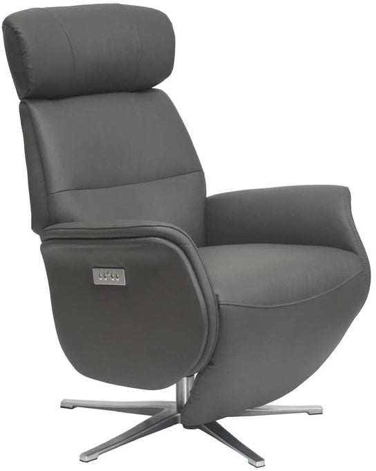 Global Furniture Alliance Michigan Swivel Recliner Chair in Charcoal grey features an adjustable headrest and integrated footrest