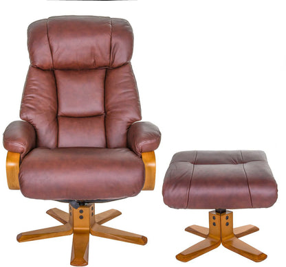 Global Furniture Alliance Nice swivel chair and matching footstool in Chestnut Leather with honey coloured wood base