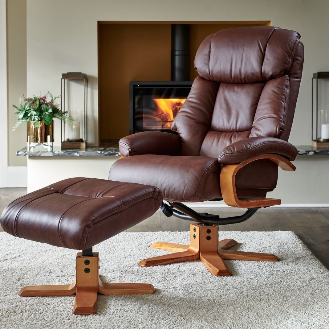 Global Furniture Alliance Nice swivel recliner leather chair and footstool in Chestnut colour