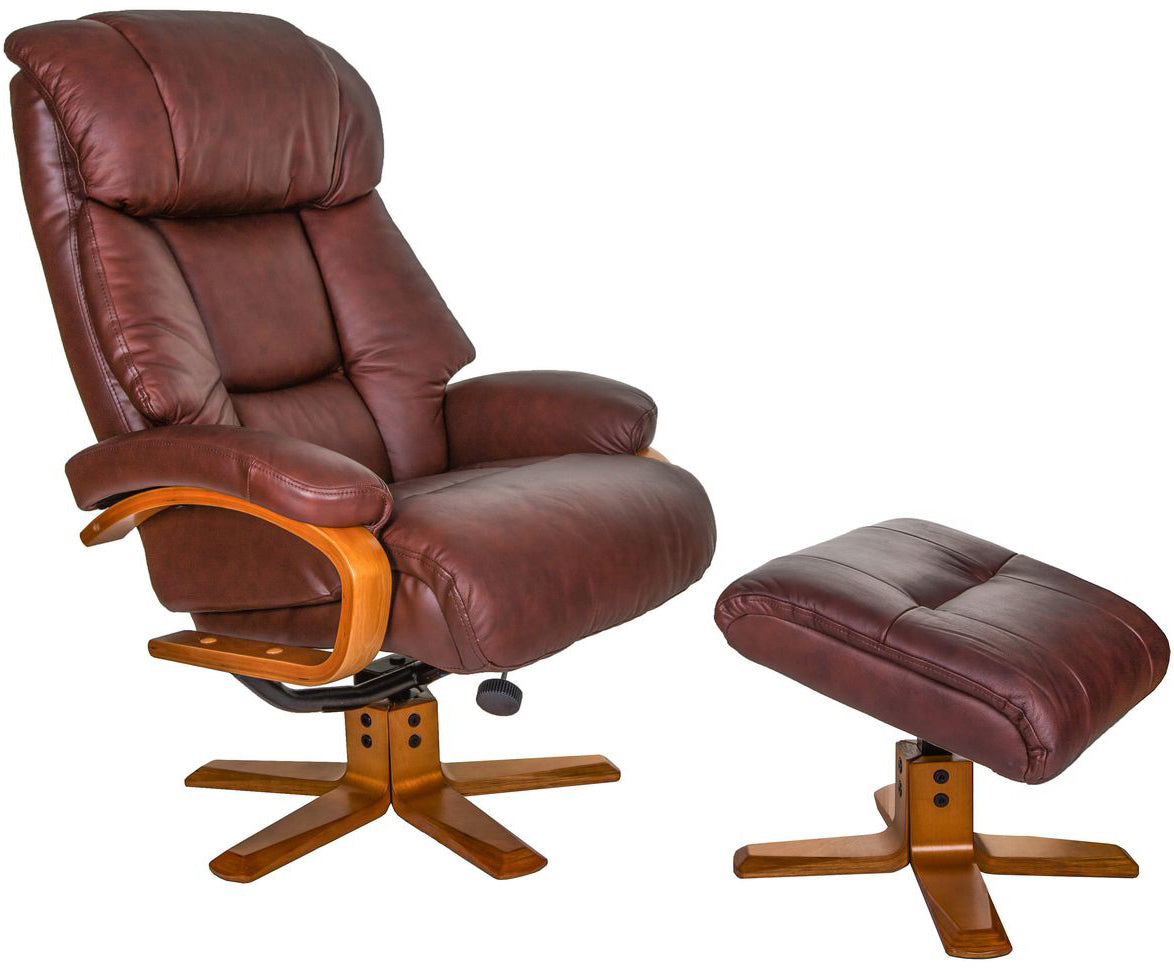 Global Furniture Alliance Nice leather Swivel Recliner Chair and Footstool in Chestnut colour with honey coloured wood base