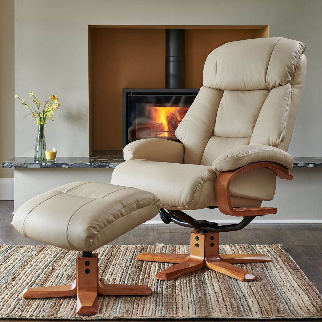 Global Furniture Alliance Nice swivel chair and matching footstool in Ivory Leather with a honey wood base