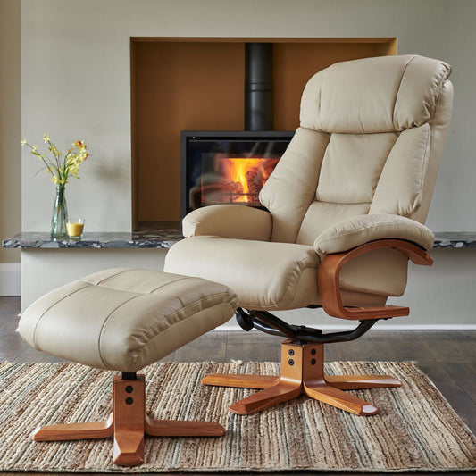 Global Furniture Alliance Nice swivel chair and matching footstool in Ivory Leather with a honey wood base