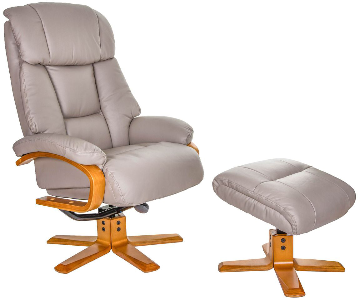 Global Furniture Alliance Nice swivel Chair and footstool in Pebble coloured Leather with honey coloured wooden base