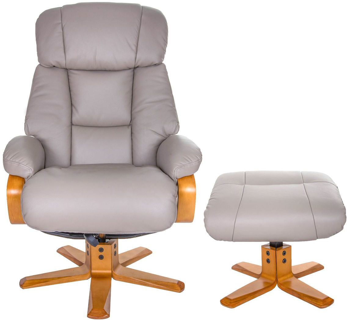 Global Furniture Alliance Nice Swivel Chair and matching Footstool in Pebble Leather with honey coloured wooden base