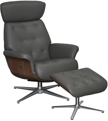 Global Furniture Alliance Nordic Swivel Chair in Charcoal leather with button back detailing, a walnut wood casing and chrome metal feet