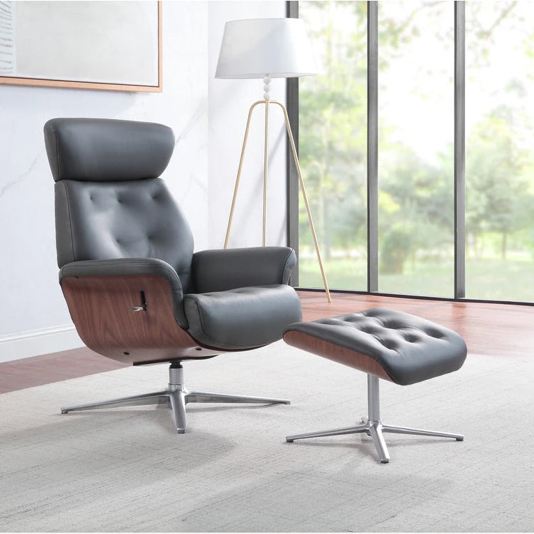 Global Furniture Alliance Nordic Swivel Chair and footstool in Charcoal leather with button back detailing and a walnut wood casing