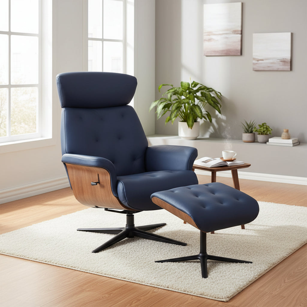 Global Furniture Alliance Nordic Swivel Chair and footstool in Navy leather upholstery with a walnut wood casing and matt black metal feet