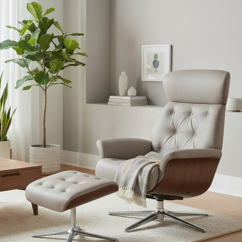 The Global Furniture Alliance Nordic Swivel Chair in a Pale Grey leather upholstery with a walnut wood casing and chrome base, with a matching footstool