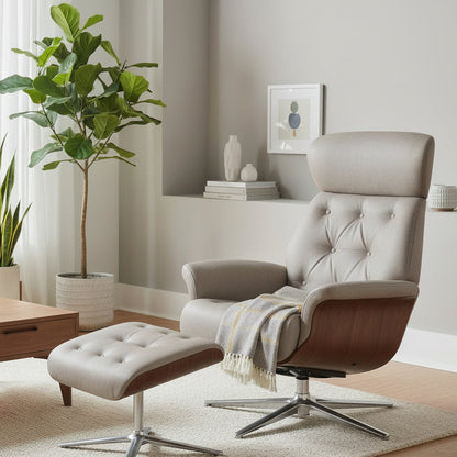 The Global Furniture Alliance Nordic Swivel Chair in a Pale Grey leather upholstery with a walnut wood casing and chrome base, with a matching footstool
