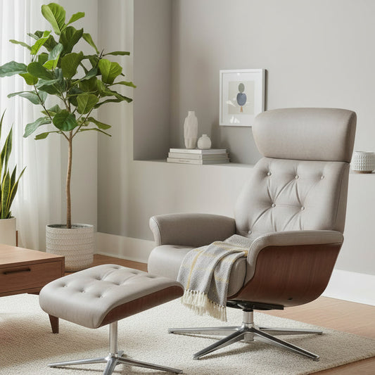The Global Furniture Alliance Nordic Swivel Chair in a Pale Grey leather upholstery with a walnut wood casing and chrome base, with a matching footstool