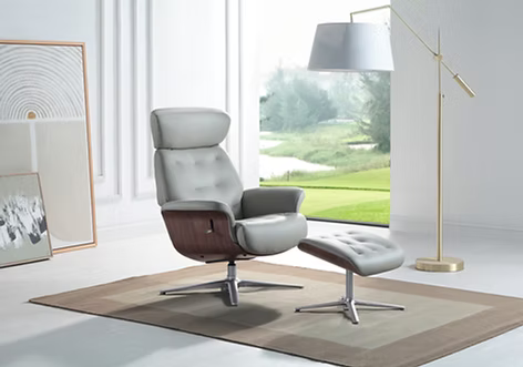 Global Furniture Alliance Nordic Swivel Chair in Pale Grey leather with button back detailing and a walnut wood casing, with matching footstool 