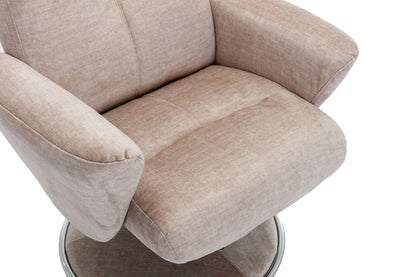 Global Furniture Alliance Paddington swivel chair in Champagne colour fabric with matching fabric covered metal base