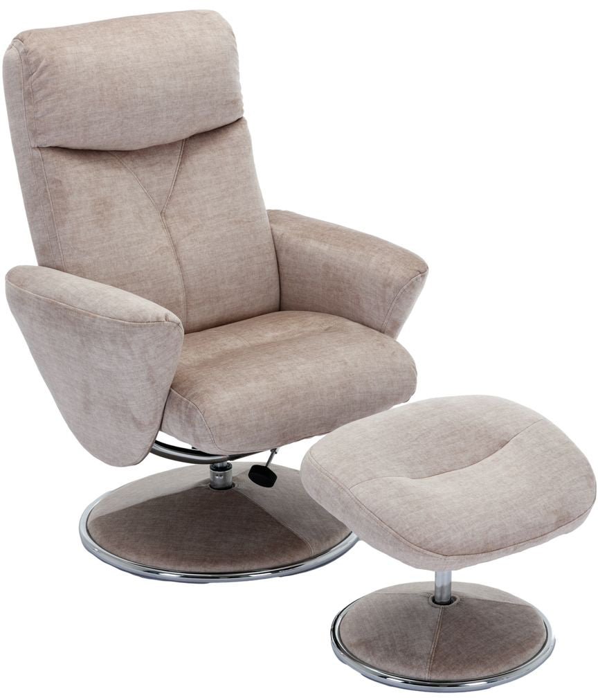 Global Furniture Alliance Paddington 360 degree swivel chair and matching footstool in Champagne colour fabric