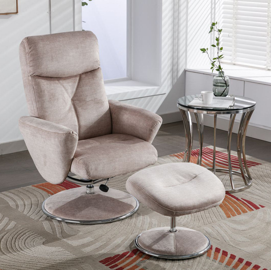 Global Furniture Alliance Paddington swivel recliner Chair and matching footstool in Champagne Fabric with metal base