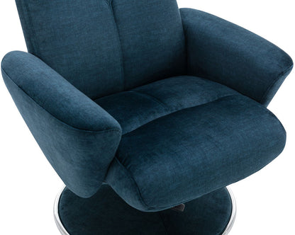 Global Furniture Alliance Paddington swivel chair in Deep Sea blue padded fabric and material covered base